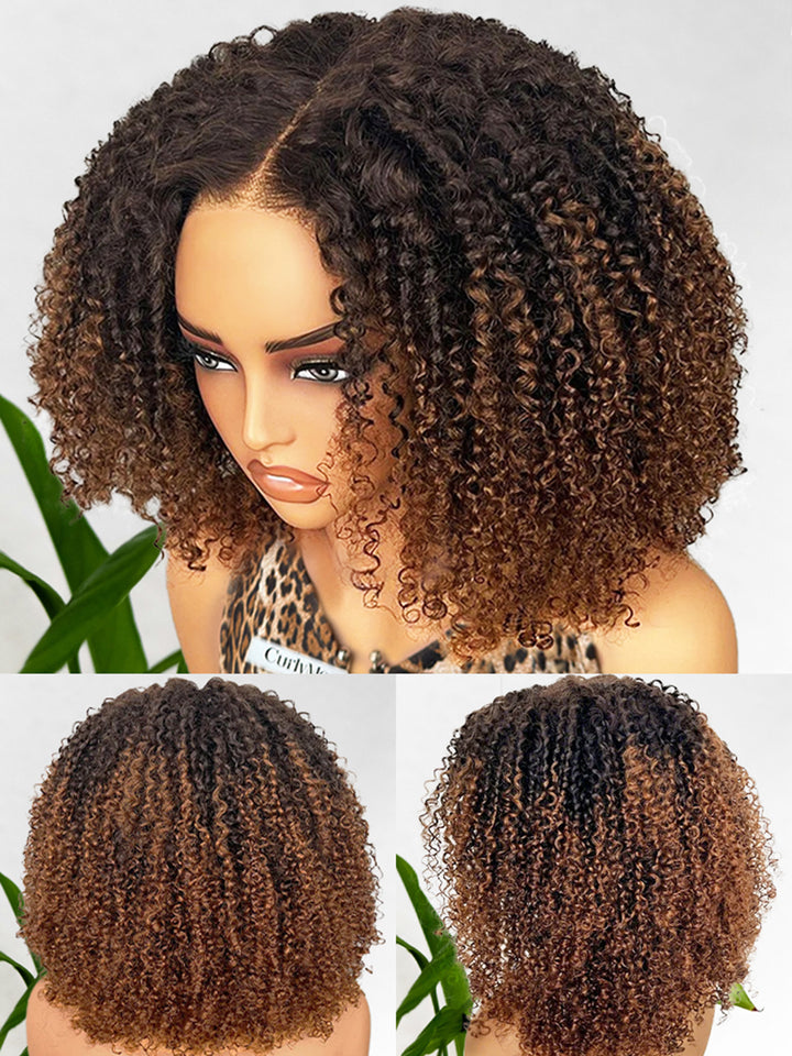 CurlyMe Layered Ombre Brown Pre-Styled Curly Bob Kinky Curly Wig Pre-Cut 7x5 Glueless Wig
