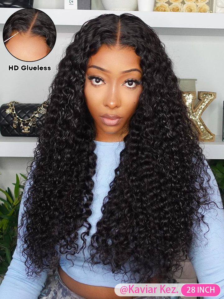CurlyMe Pre-bleached Wear Go Glueless Wig 7x5 Pre-cut HD Lace Water Wave Human Hair