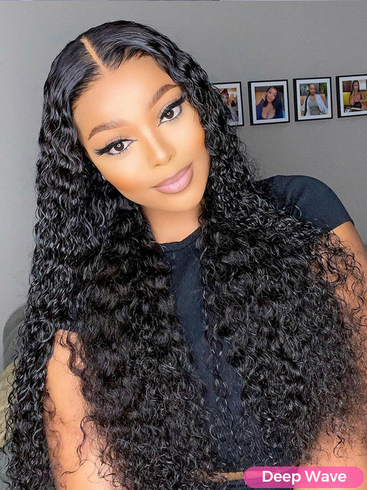 CurlyMe Natural Color Deep Wave Real Hair 5x5 Swiss Lace Closure Wigs Pre Plucked