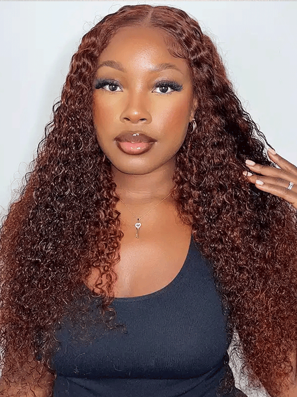 CurlyMe Pre-Plucked Wear Go Glueless Reddish Brown Kinky Curly Hair Pre-cut Lace