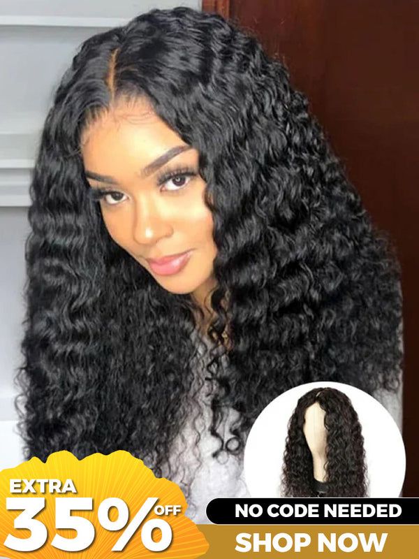 CurlyMe Water Wave V Part Wig Human Hair Glueless No Lace Wig Same as Thin Part