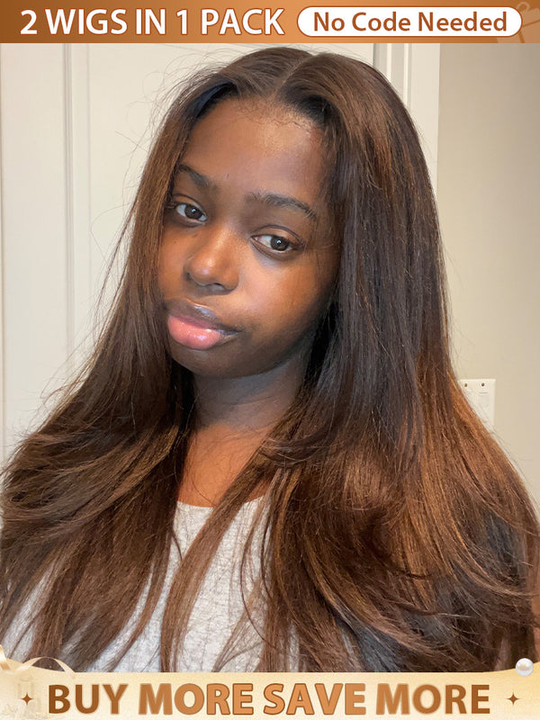 CurlyMe Layered Cut Black to Chestnut Brown Ombre Yaki Straight Hair 7x5 Pre-Cut Swiss Lace Wear Go Glueless Wigs