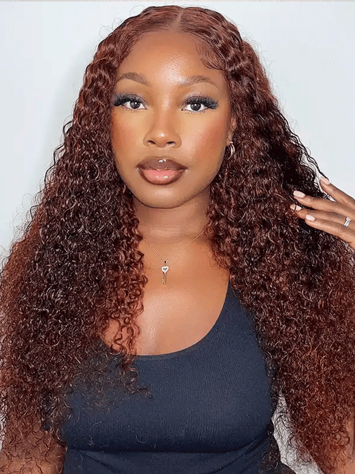 CurlyMe Pre-Plucked Wear Go Glueless Reddish Brown Kinky Curly Hair Pre-cut Lace