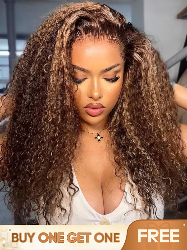 CurlyMe Highlights Ombre Human Hair Wigs Kinky Curly Transparent Lace Wigs Pre plucked