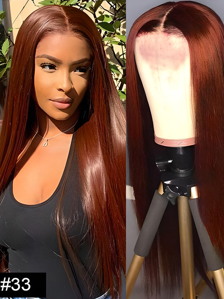 CurlyMe Reddish Brown Color Straight Hair 13x4 Lace Front Wigs Pre Plucked