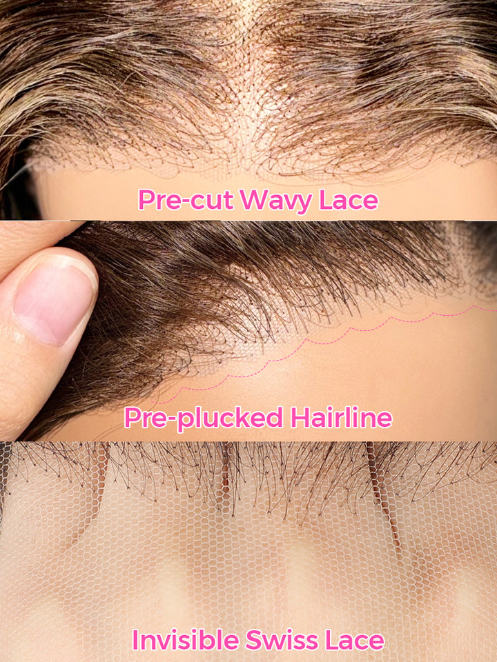 CurlyMe Highlights Ombre Hair Wear Go Glueless Wigs Pre Cut Transparent Lace Wigs