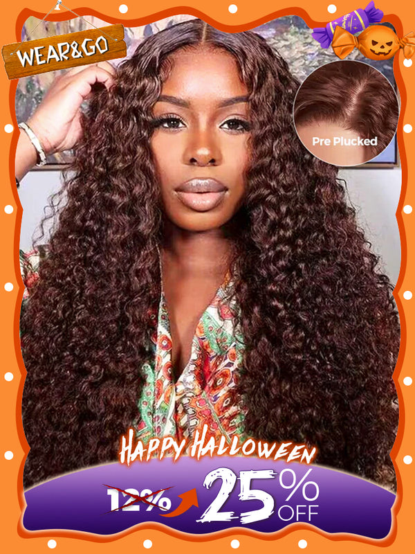 CurlyMe #4 Chocolate Brown Pre Cut Glueless Lace Water Wave Wear Go Wig