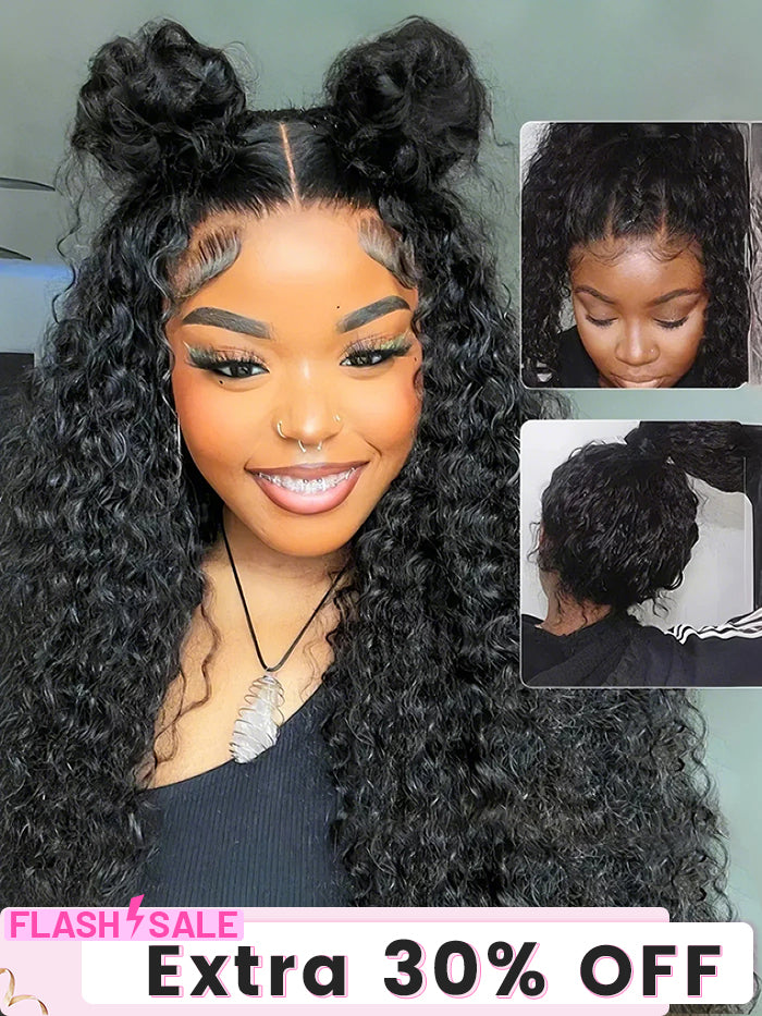 CurlyMe 360 Lace Fit Wear Go Pre-Bleached Water Wave Human Hair Glueless Wig Pre-Plucked