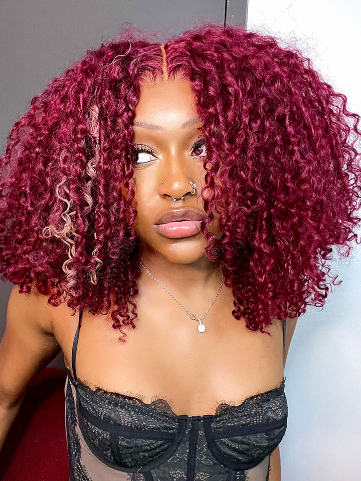 CurlyMe 13x4 Lace 99J Burgundy Color Kinky Curly Hair Lace Front Wigs With Baby Hair