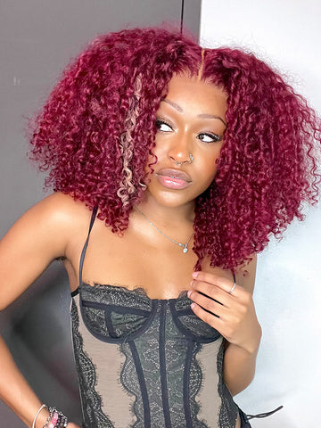 99J Burgundy Color Kinky Curly Hair 13x4 Lace Front Wig  display picture 2