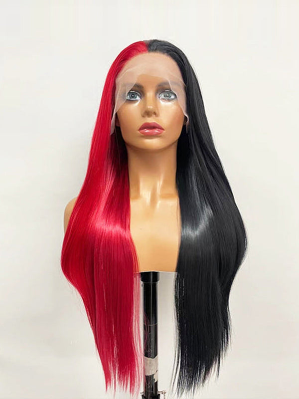 CurlyMe Highlight Split Dyed Hair Half Red Half Black Color Straight Lace Front Wigs