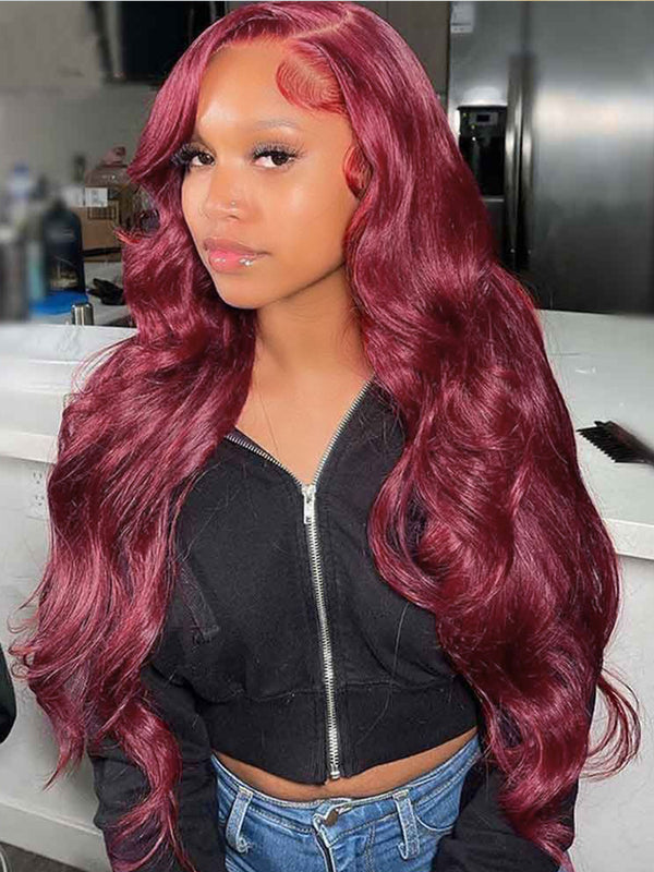 CurlyMe 99J Burgundy Color Body Wave Hair 13x4 Lace Front Wigs Pre Plucked Hairline