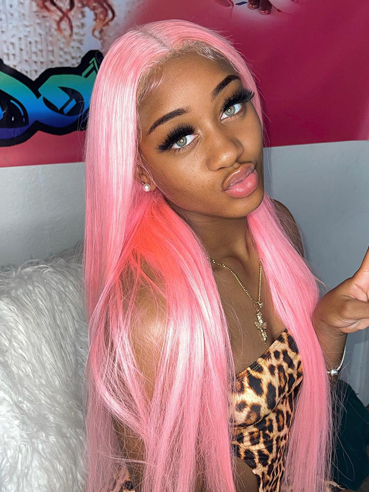 Light Pink Color Straight Human Hair Lace Front Wig CurlyMe Hair