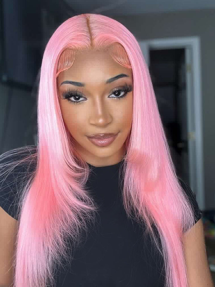 CurlyMe Light Ash Pink Color Straight Hair 13x4 Lace Front Wigs Human Hair