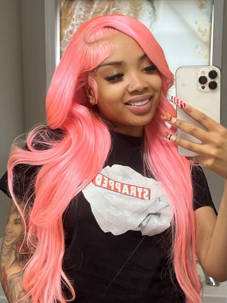 Light Pink Color Straight Human Hair Lace Front Wig CurlyMe Hair