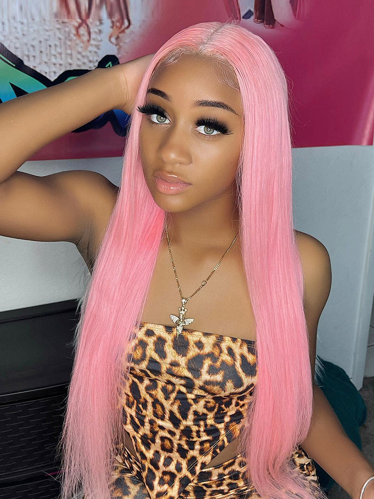 Light Pink Color Straight Human Hair Lace Front Wig CurlyMe Hair