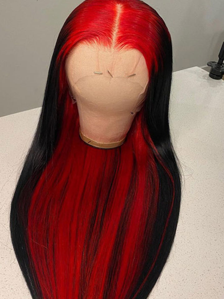 CurlyMe Natural Black Hair With Demon Red Top Lace Front Wigs Straight Human Hair
