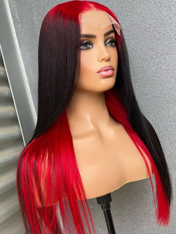 Black Hair With Demon Red Top Lace Front Wigs Straight Human Hair