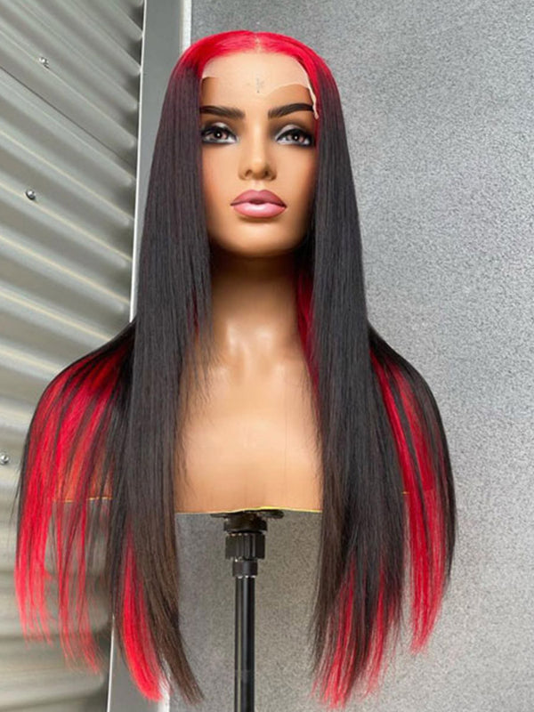 Black Hair With Demon Red Top Lace Front Wigs Straight Human Hair