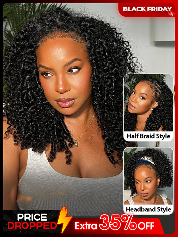 CurlyMe 3 In 1 Half Wig Kinky Curly Glueless Install Half Wig With Draw-string Beginner Friendly