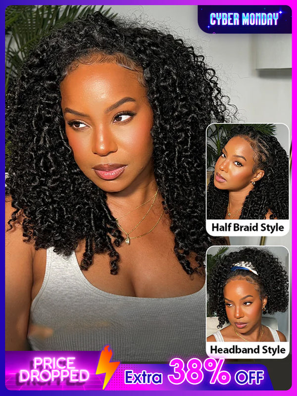 CurlyMe 3 In 1 Half Wig Kinky Curly Glueless Install Half Wig With Draw-string Beginner Friendly