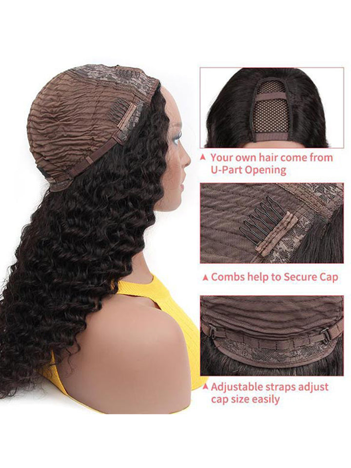 CurlyMe Deep Wave 180% Density U part Wig Human Hair Glueless No Lace Wig