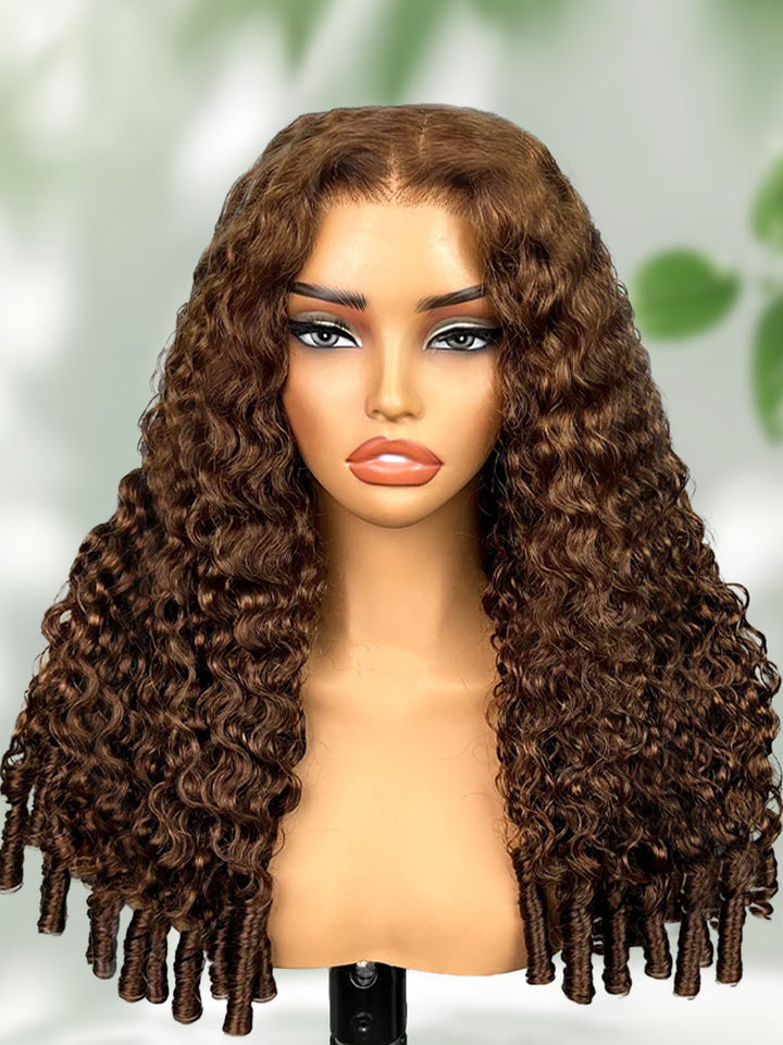 CurlyMe 9x6 Lace Mocha Mousse Color Burmese Curly Wear Go Glueless Wig With Elastic Draw-string