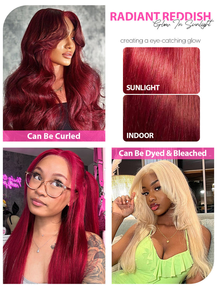 CurlyMe 99J Burgundy Color Straight Hair 13x4 Lace Front Wigs Easy Bleached Lace Wigs