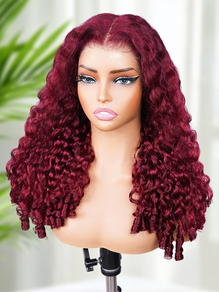 CurlyMe 99J Burgundy Color Burmese Curly Glueless Wig Pre Cut 9x6 Lace Snug Fit Wear Go Glueless Wig