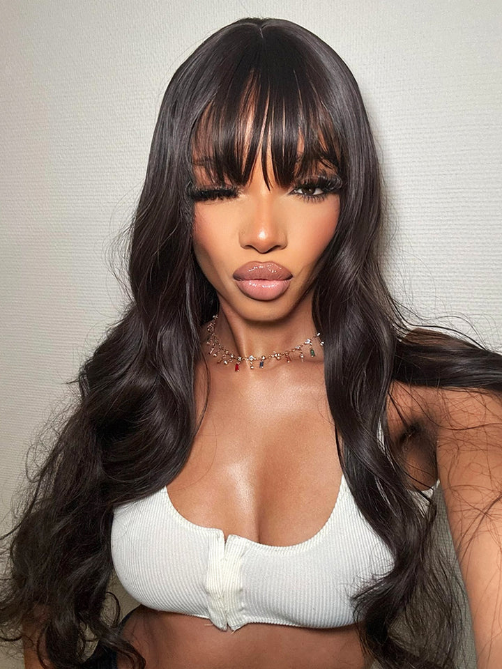 CurlyMe Body Wave Non Lace Wigs Full Machine Made Wigs With Bangs Virgin Hair