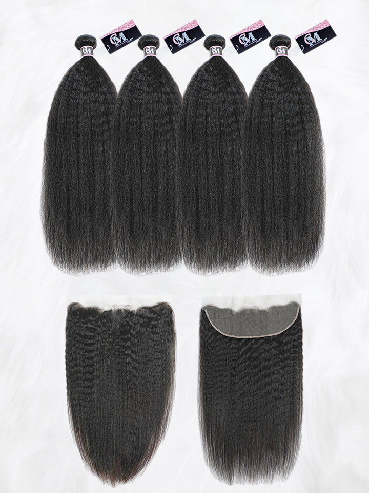 CurlyMe Kinky Straight Virgin Human Hair Bundles with Lace Frontal Natural Black