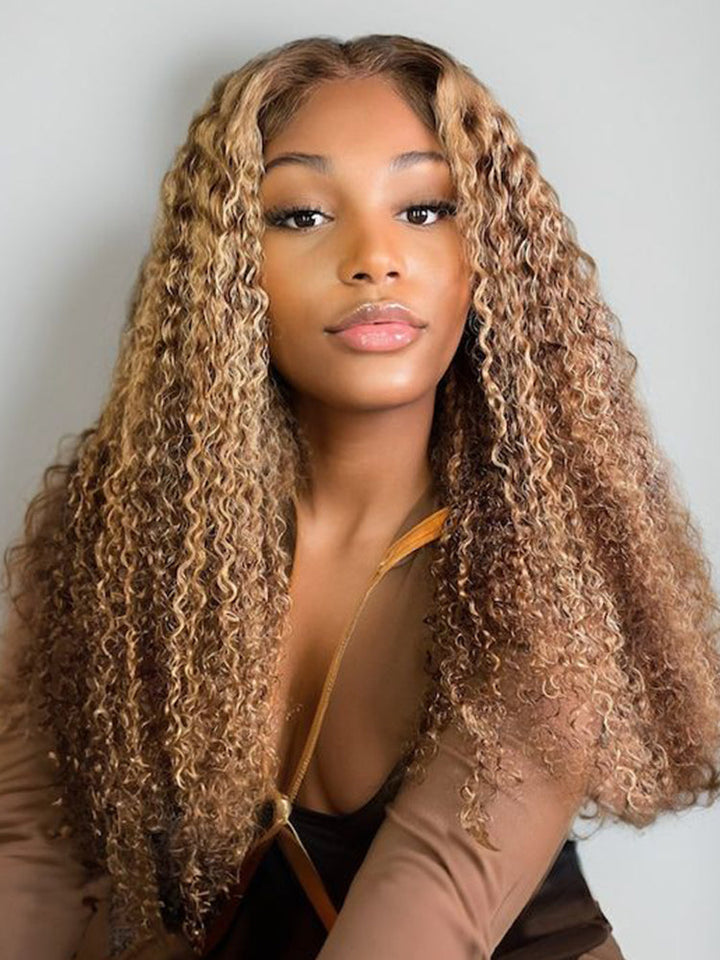 CurlyMe Highlights Ombre Human Hair Wigs Kinky Curly Transparent Lace Wigs Pre plucked