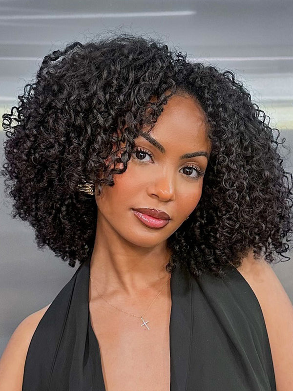 CurlyMe 3 In 1 Half Wig Layered Curly Bob Pre-Styled Afro Kinky Curly Half Wig Draw-strings Flip Over Wig