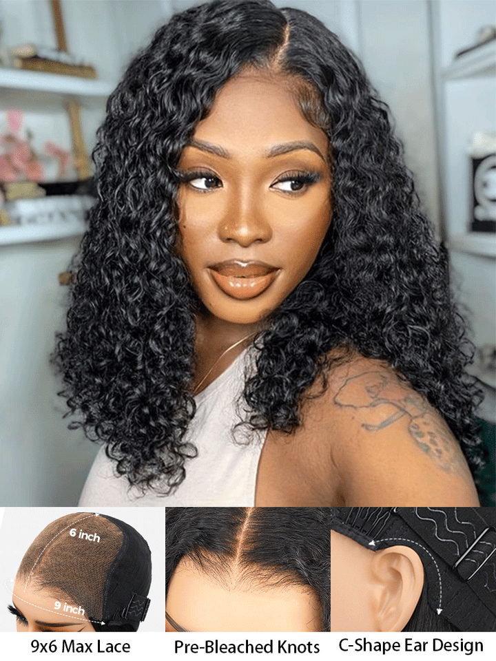 CurlyMe Pre-cut 9x6 HD Lace M-cap Wear Go Glueless Mini Knots water wave Bob Wig Pre-plucked