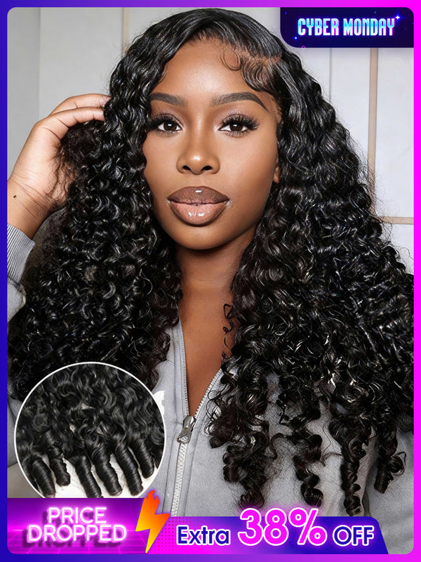 CurlyMe Pre Bleached Knots Burmese Curly Hair 13x6 Pre-Cut HD Lace Frontal Wig With Elastic Draw-string Wear Go Wig