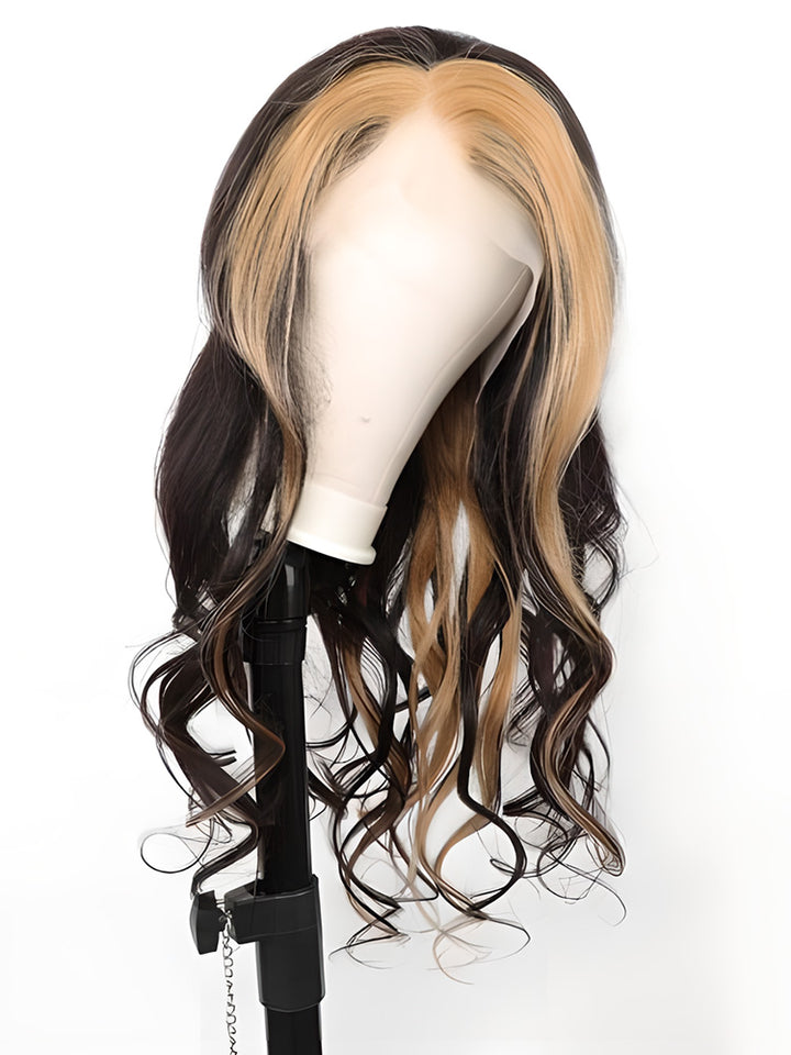 CurlyMe Skunk Stripe Hair Straight Honey Blonde Highlights 13x4 Lace Front Wigs Human Hair