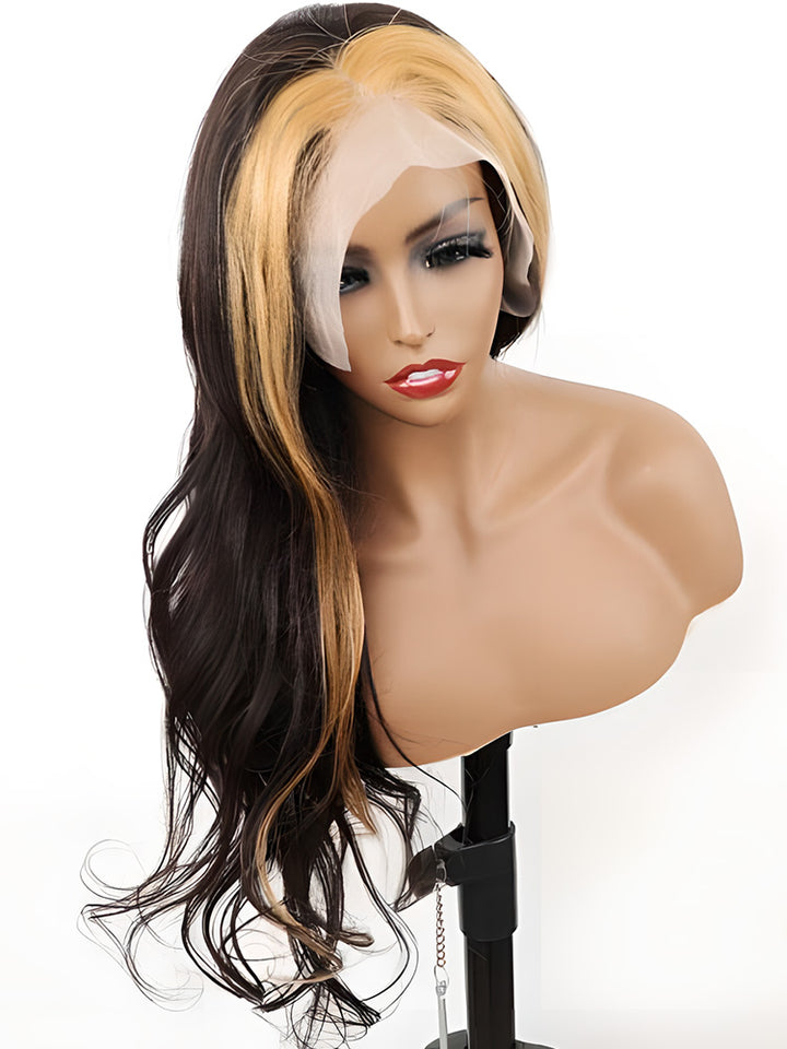 CurlyMe Skunk Stripe Hair Straight Honey Blonde Highlights 13x4 Lace Front Wigs Human Hair