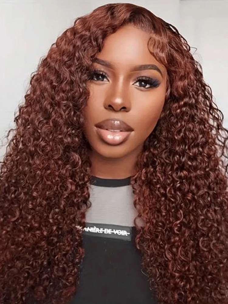 18 Inch Wig #33 Reddish Brown Color Kinky Curly Lace Front Wigs Human Hair