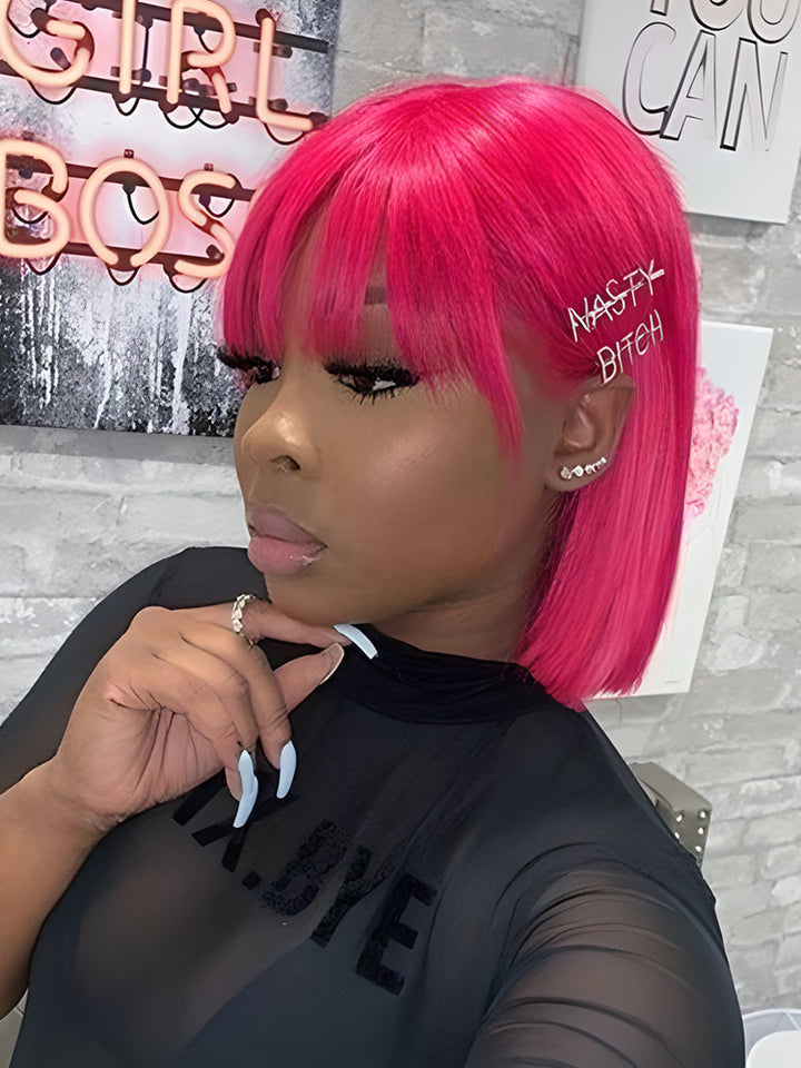 CurlyMe Short Cut Straight Pink Hair No Lace Bob Wigs With Bangs | CurlyMe Hair
