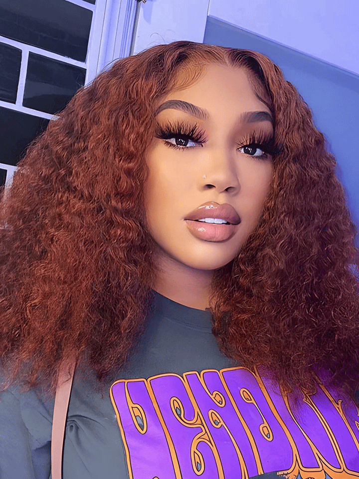 CurlyMe Reddish Brown Color Kinky Curly Lace Front Wigs Human Hair Pre Plucked