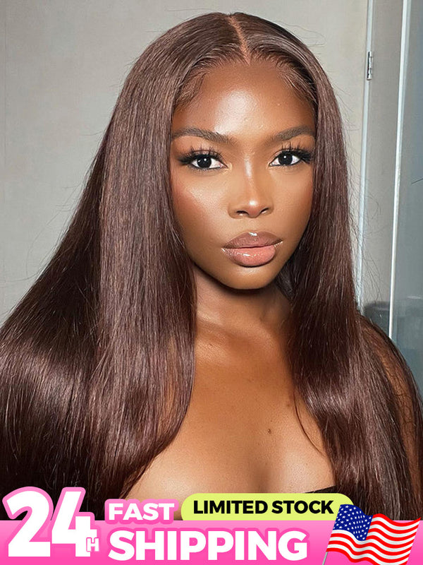 CurlyMe #4 Chocolate Brown Pre Cut Glueless Lace Straight Wear Go Wig
