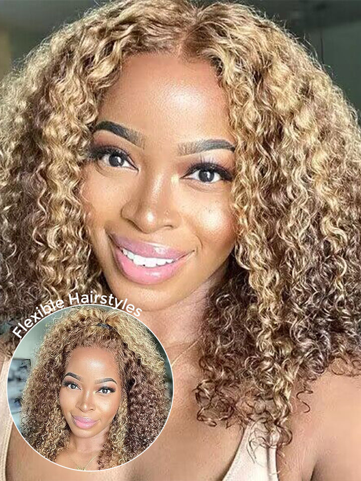 CurlyMe Highlights #4/27 Color Pre-cut HD Lace Kinky Curly Glueless Bob Wig