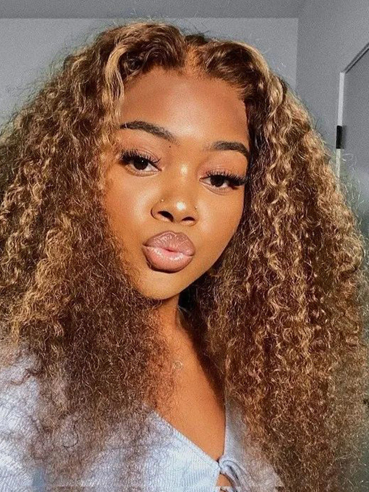 CurlyMe Highlights Ombre Human Hair Wigs Kinky Curly Transparent Lace Wigs Pre plucked