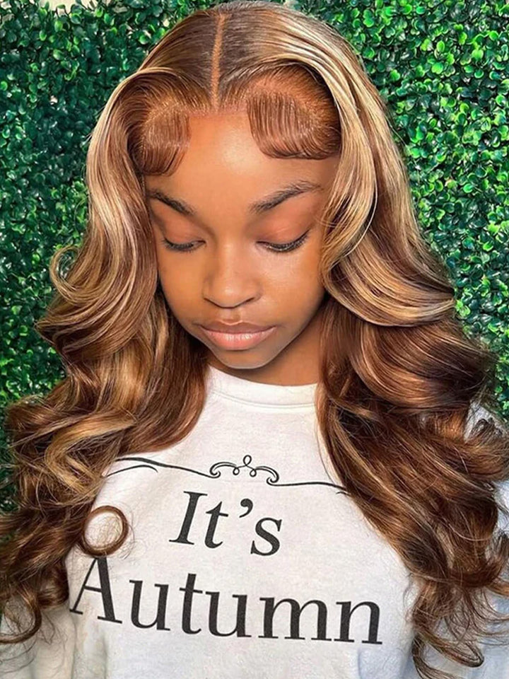 CurlyMe Wear Go Highlight Brown Color Face-Framing Layered Cut Body Wave Wig Pre-Cut Lace Glueless Wigs