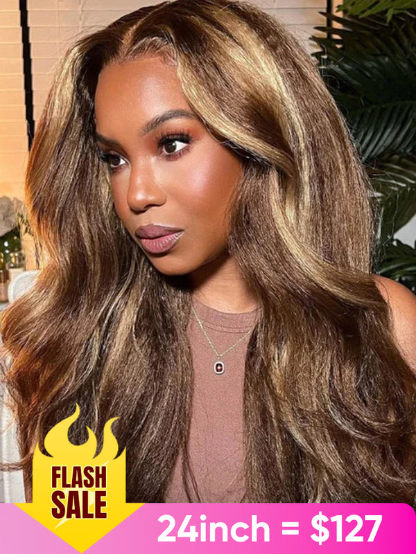 CurlyMe 4/27 Highlight Kinky Straight Wear Go Glueless Wig Pre-plucked with Natural Hairline