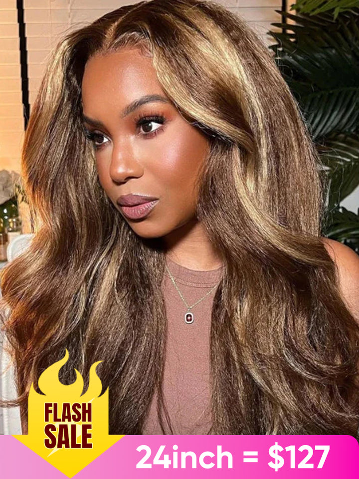CurlyMe 4/27 Highlight Kinky Straight Wear Go Glueless Wig Pre-plucked with Natural Hairline