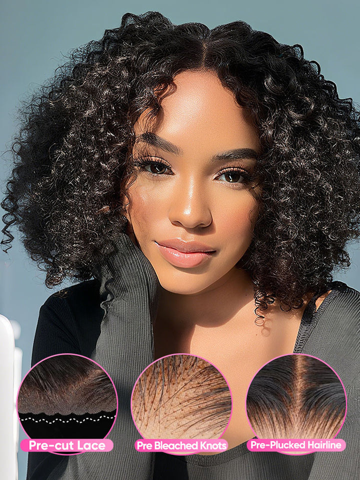 CurlyMe Kinky Curly Glueless Bob Wig Pre Cut 7x5 HD Lace Wear Go Wig