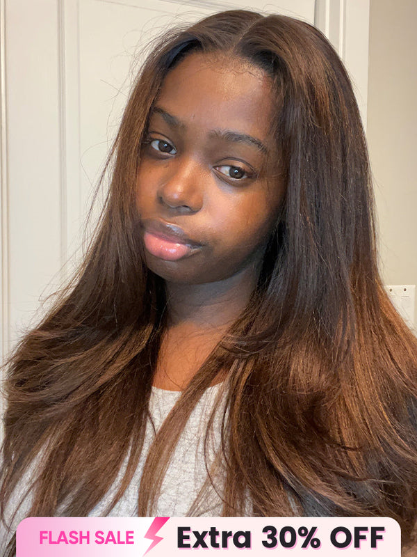 CurlyMe Layered Cut Black to Chestnut Brown Ombre Yaki Straight Hair 7x5 Pre-Cut Swiss Lace Wear Go Glueless Wigs
