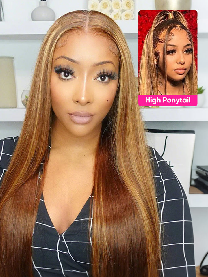 CurlyMe Highlights Ombre Hair Wear Go Glueless Wigs Pre Cut Transparent Lace Wigs