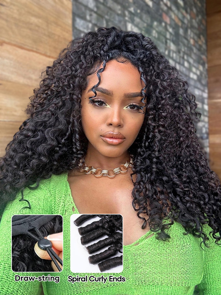 CurlyMe 3 In 1 Half Wig Burmese Curly Glueless Install Half Wig With Adjustable String Beginner Friendly